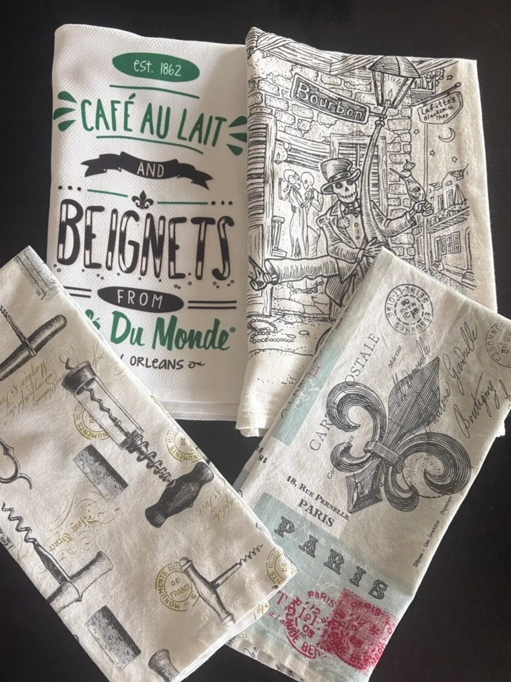 Kitchen Dish Towels - New Orleans Paris Wine - 4pc Bundle - Retro Souvenir